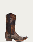 A4452 - MEN'S EMBROIDERY LAMB SHAFT GENUINE BROWN PYTHON VAMP SNIP TOE COWBOY BOOT