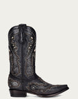 C3847 - MEN'S WHITE INLAY EMBROIDERY AND STUDS SNIP TOE BLACK COWBOY BOOT