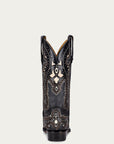 C3847 - MEN'S WHITE INLAY EMBROIDERY AND STUDS SNIP TOE BLACK COWBOY BOOT