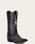 C3847 - MEN'S WHITE INLAY EMBROIDERY AND STUDS SNIP TOE BLACK COWBOY BOOT
