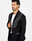 Men's Black Embroidered Faux-Suede Blazer