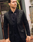 Men's Black Embroidered Faux-Suede Blazer