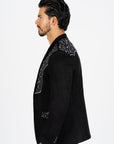 Men's Black Embroidered Faux-Suede Blazer