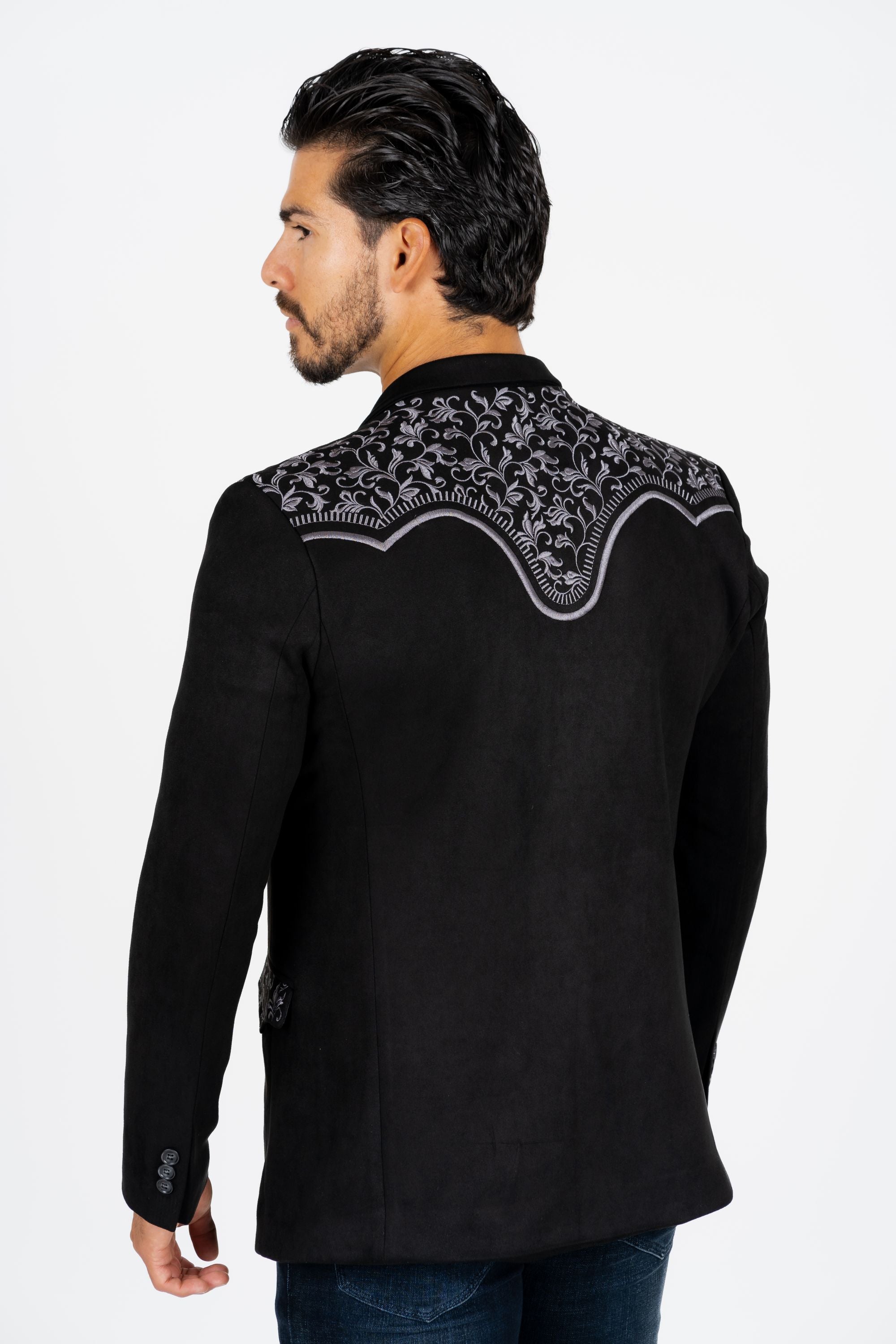 Men&#39;s Black Embroidered Faux-Suede Blazer