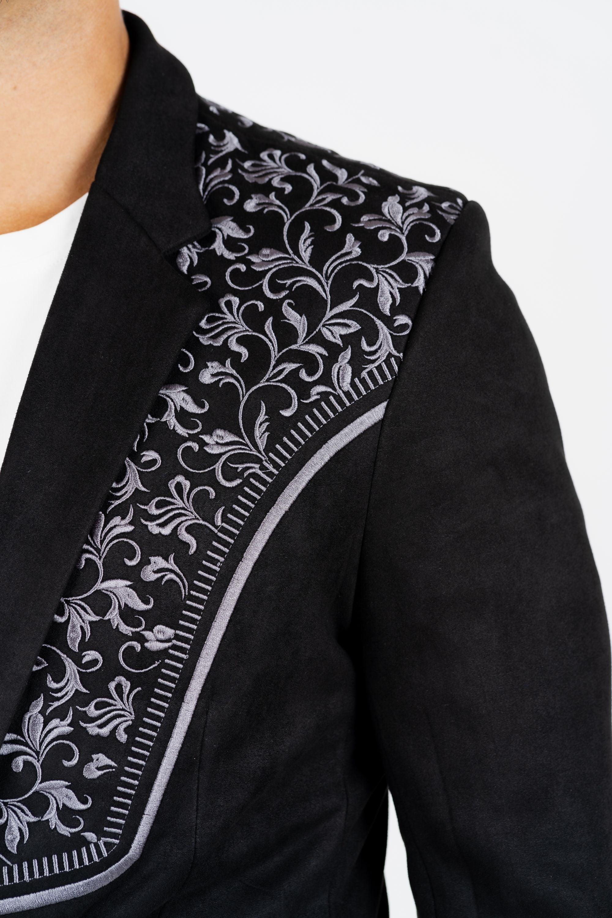Men&#39;s Black Embroidered Faux-Suede Blazer
