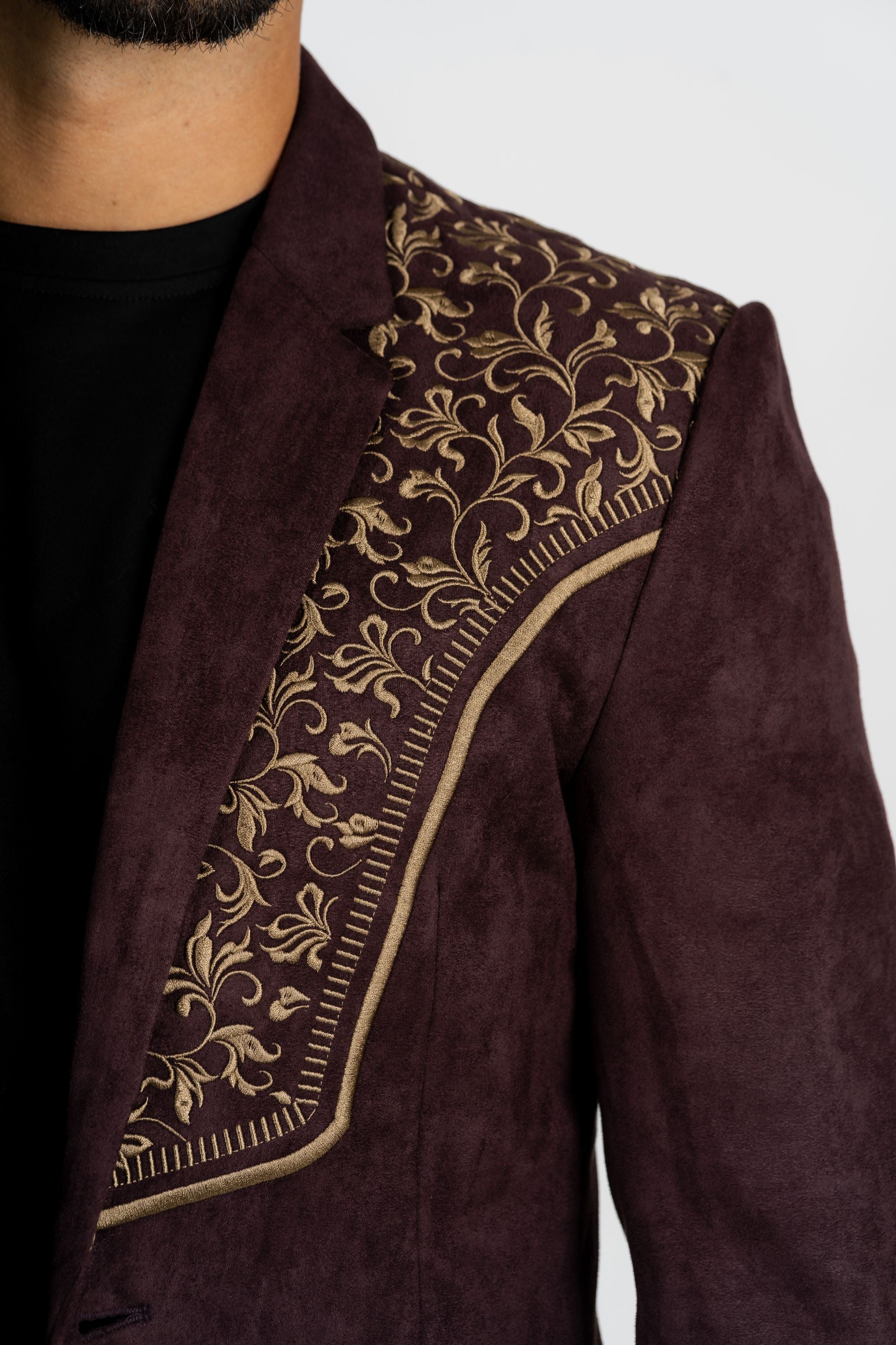 Men&#39;s Dark Brown Embroidered Faux-Suede Blazer