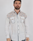 Mens Vintage Washed 2-tone Embroidery Modern Fit Stretch Shirt