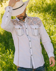 Mens Vintage Washed 2-tone Embroidery Modern Fit Stretch Shirt