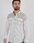 Mens Vintage Washed 2-tone Embroidery Modern Fit Stretch Shirt