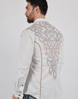 Mens Vintage Washed 2-tone Embroidery Modern Fit Stretch Shirt