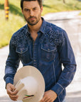 Mens Vintage Washed 2-tone Embroidery Modern Fit Stretch Shirt