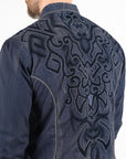 Mens Vintage Washed 2-tone Embroidery Modern Fit Stretch Shirt