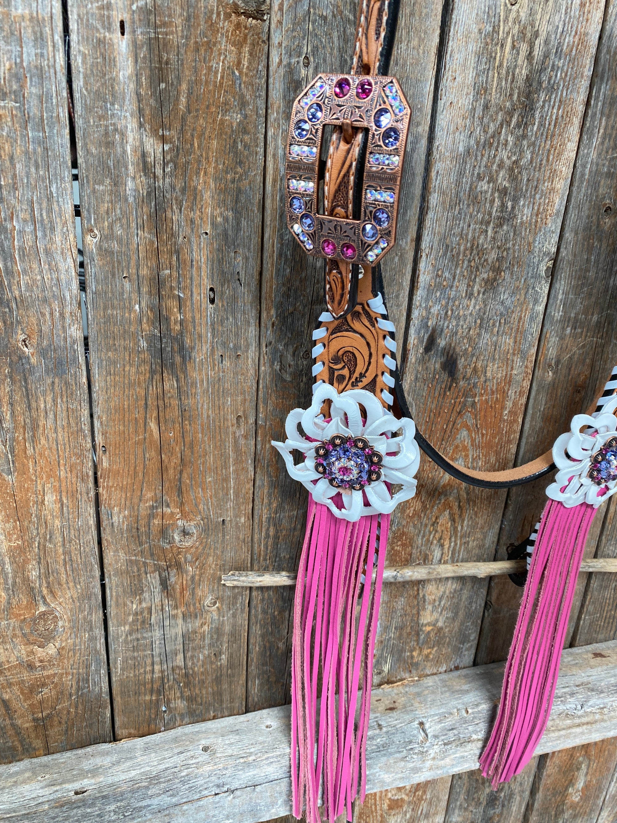 White Whipstitch Pink and White Browband/One Ear &amp; Breastcollar Tack Set 