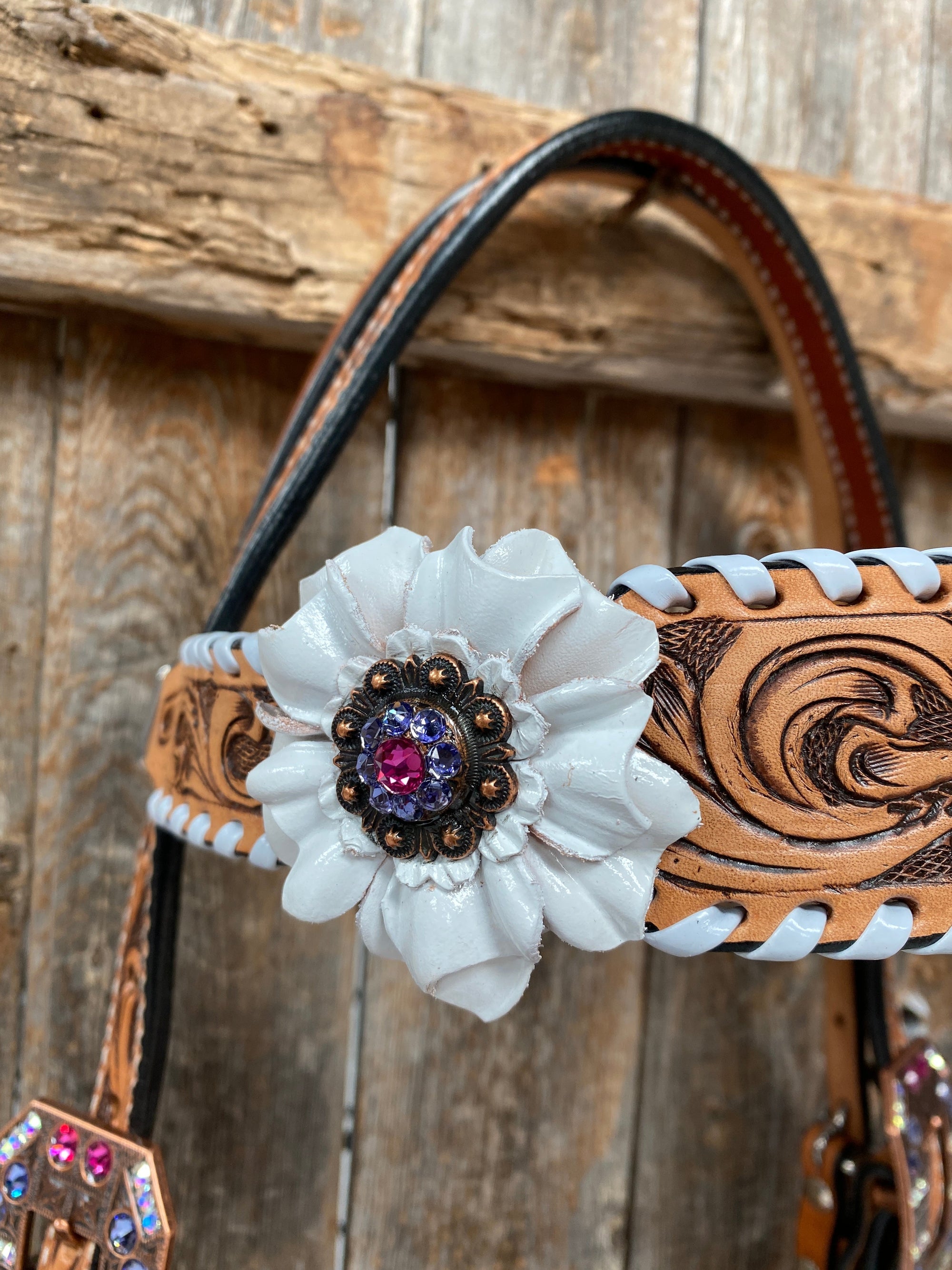 White Whipstitch Pink and White Browband/One Ear &amp; Breastcollar Tack Set 