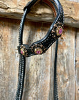 Black Floral Pink and Gold One Ear & Breastcollar Tack Set 