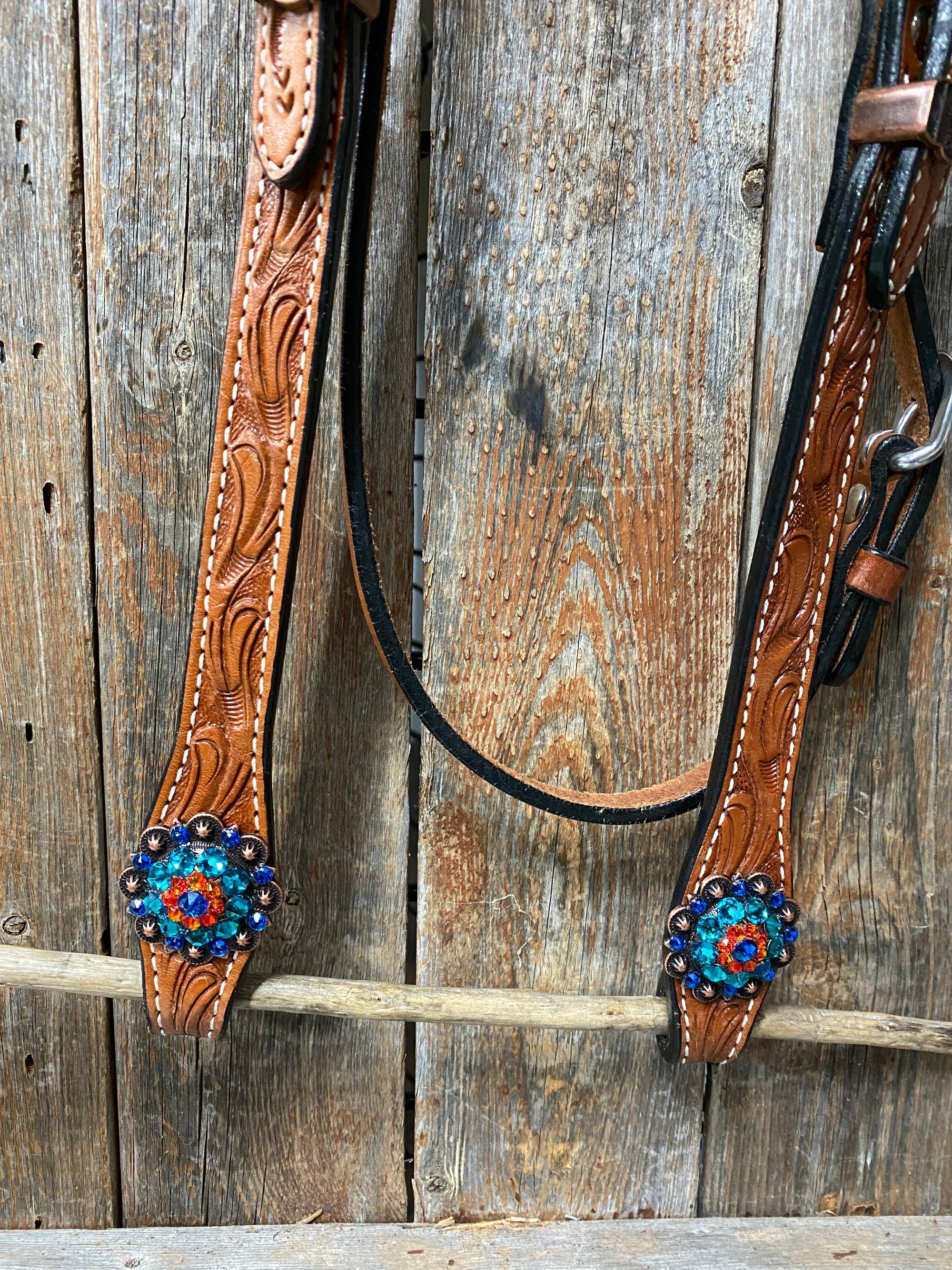 Light Oil Floral Tooled Orange and Teal Browband &amp; Breastcollar Tack Set 