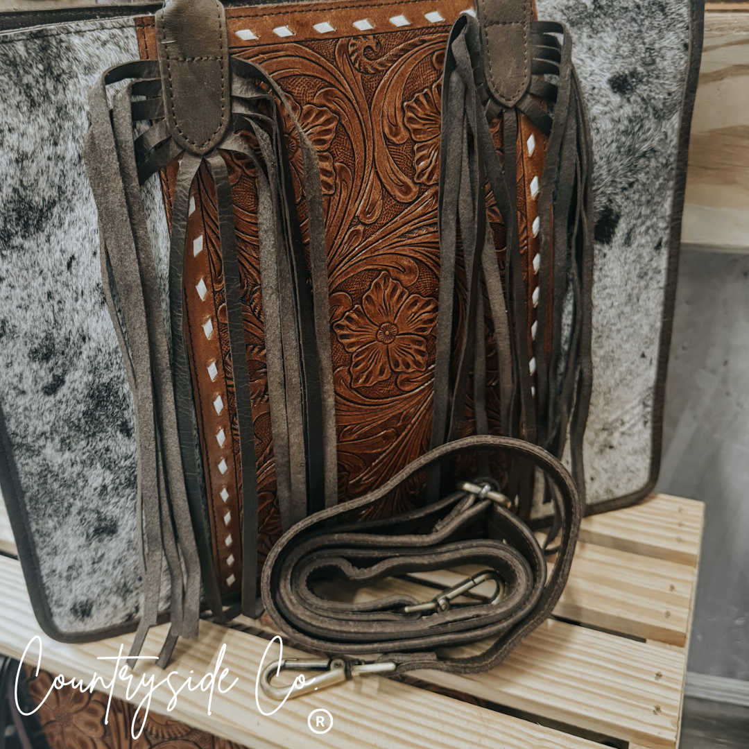 Jesse Cowhide and Tooled Leather Tote Purse by Countryside Co.