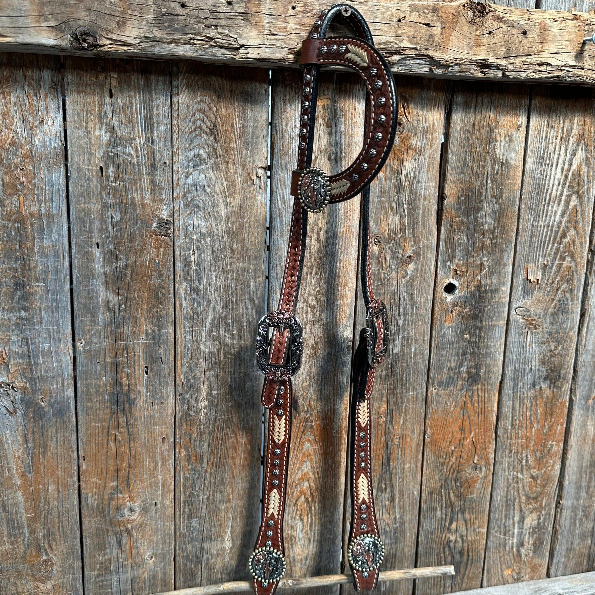 Rawhide Cactus and Flower One Ear Headstall/Bridle 