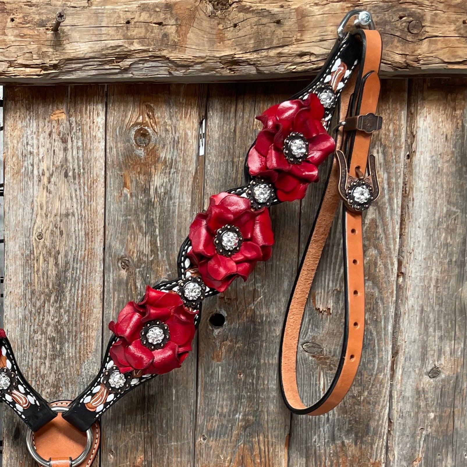 Classic Red Rose and Clear Browband/One Ear Tack Set 