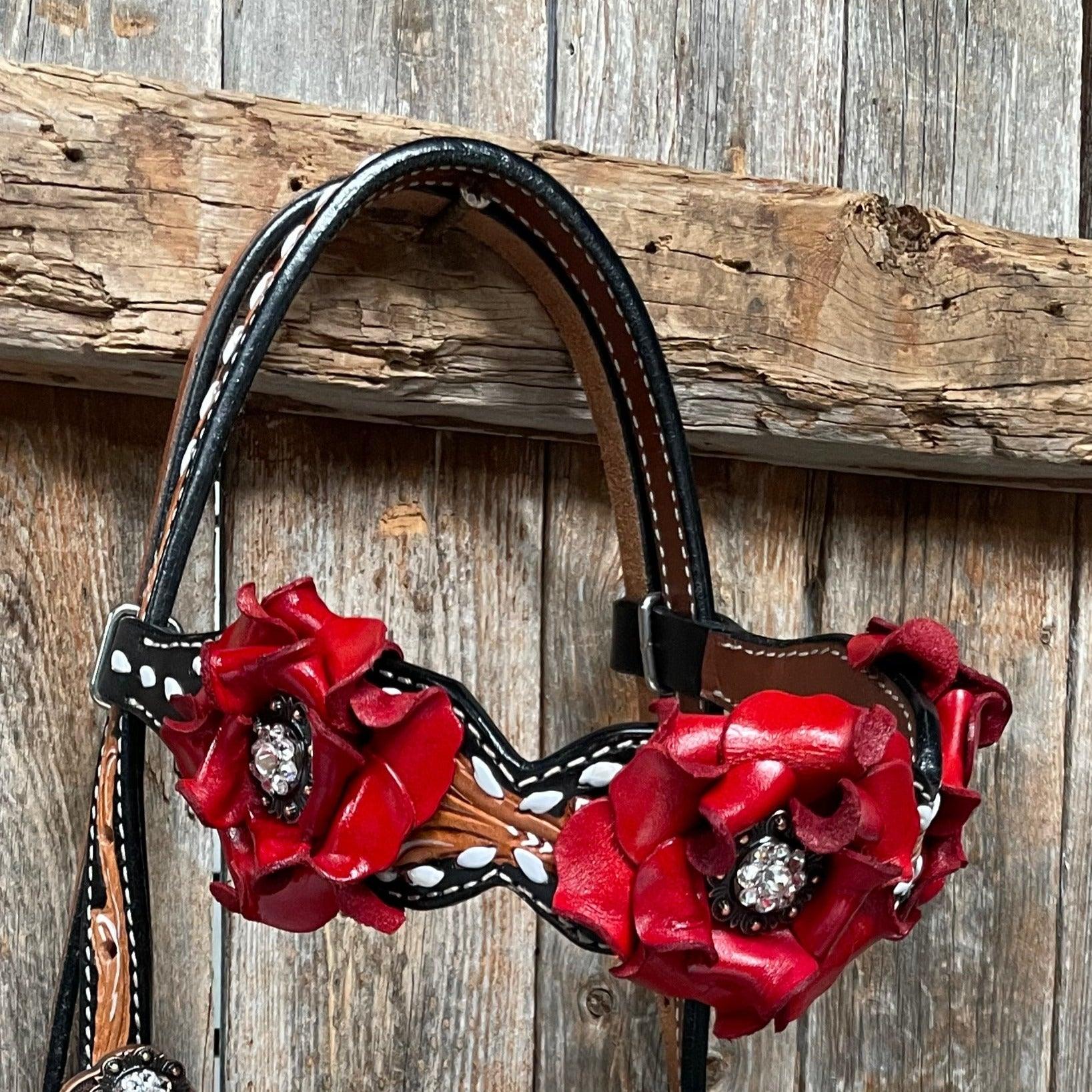 Classic Red Rose and Clear Browband/One Ear Tack Set 