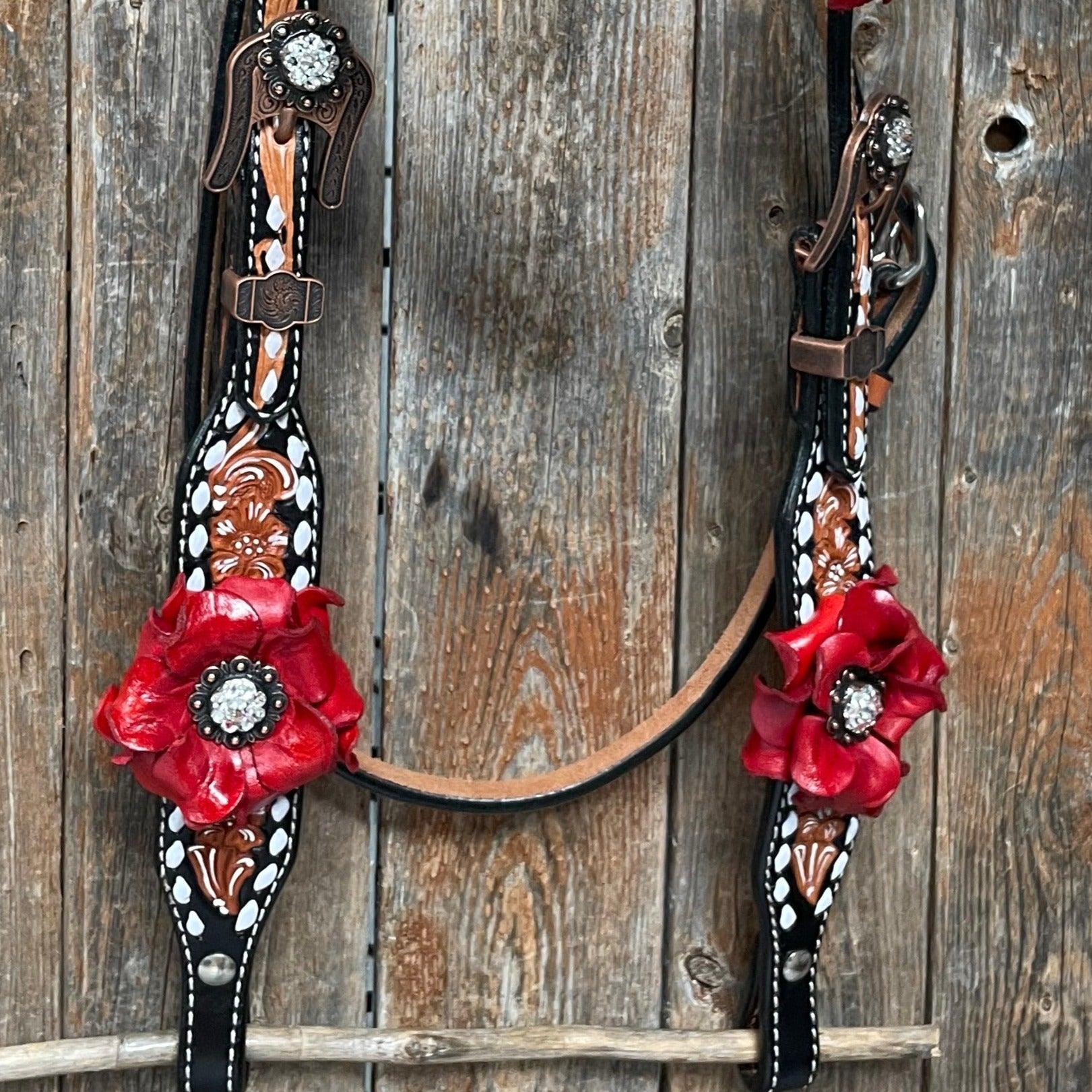 Classic Red Rose and Clear Browband/One Ear Tack Set 