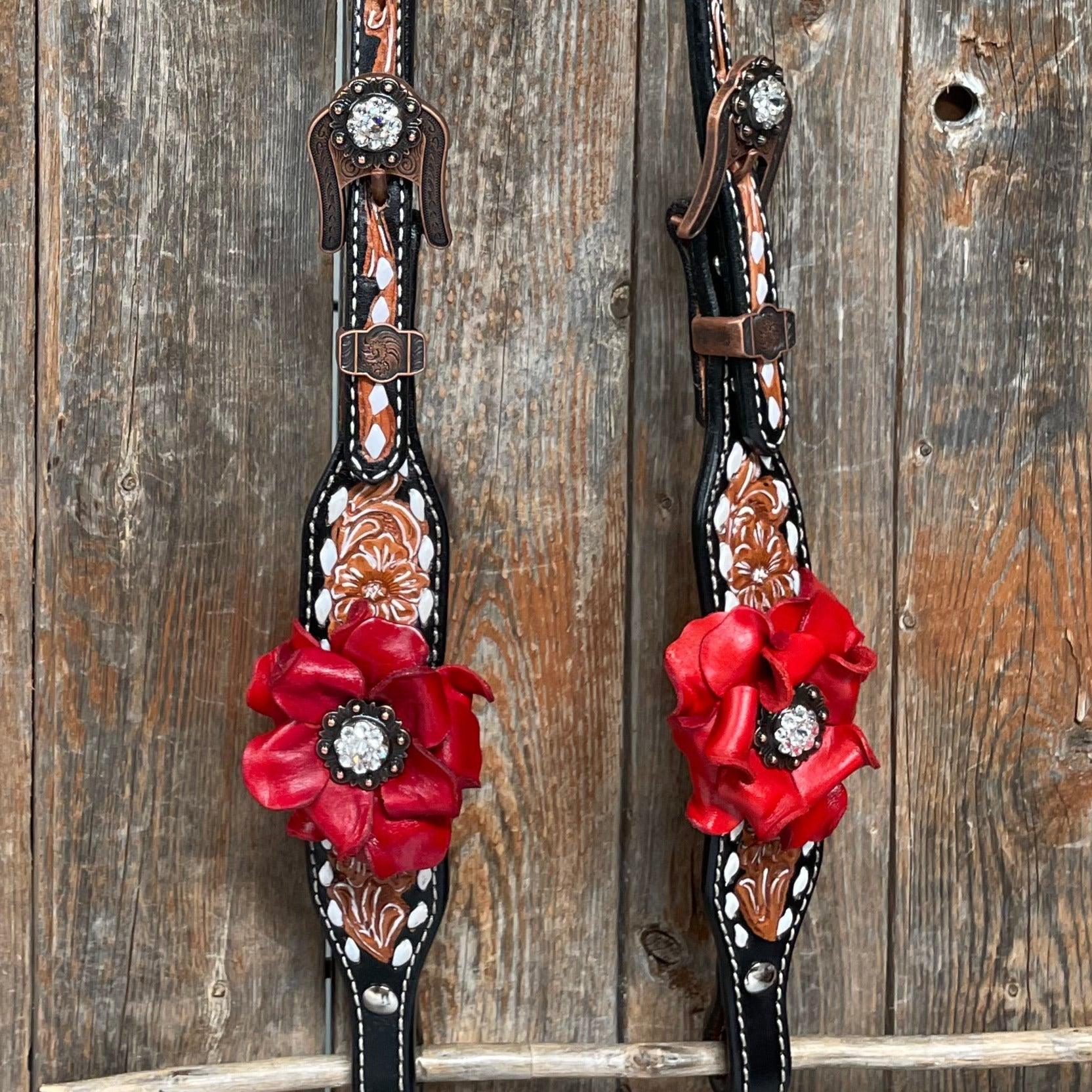 Classic Red Rose and Clear Browband/One Ear Tack Set 