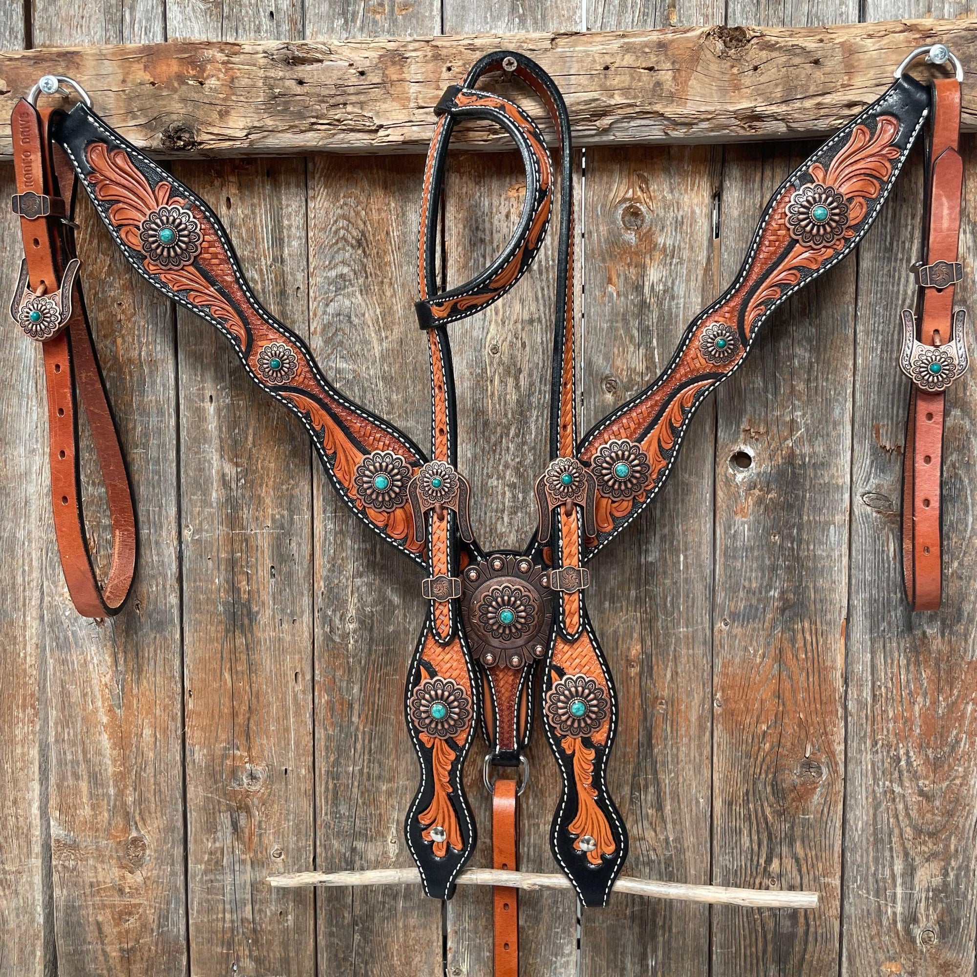 Two Tone Leaf Copper Flower Turquoise One Ear &amp; Breastcollar Tack Set 