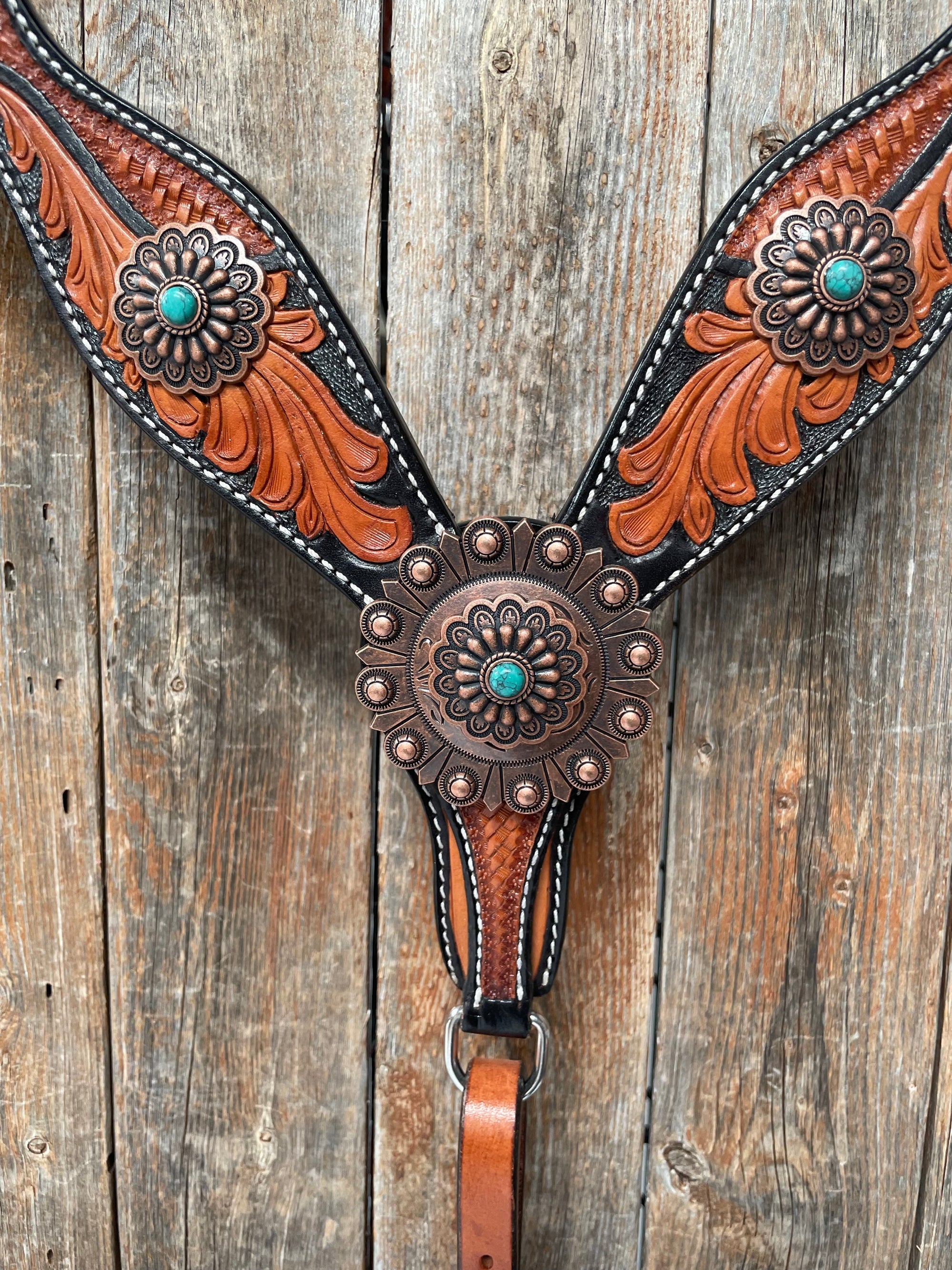 Two Tone Leaf Copper Flower Turquoise One Ear &amp; Breastcollar Tack Set 