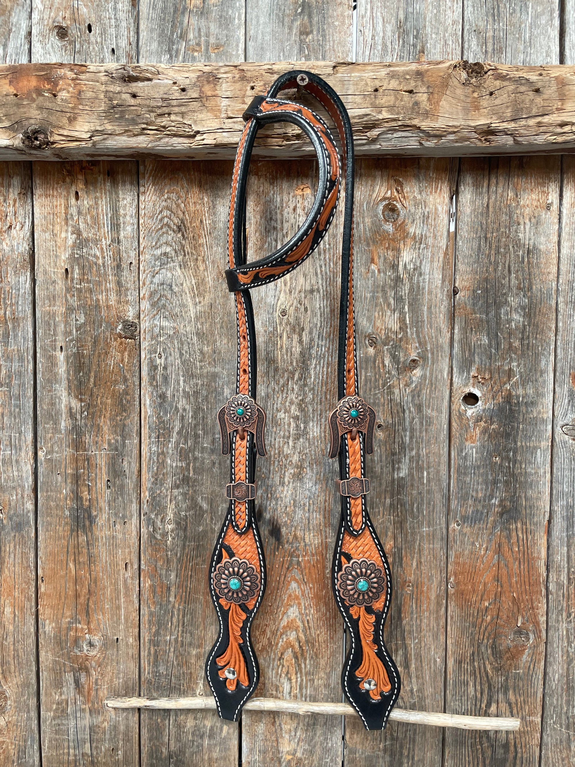 Two Tone Leaf Copper Flower Turquoise One Ear &amp; Breastcollar Tack Set 