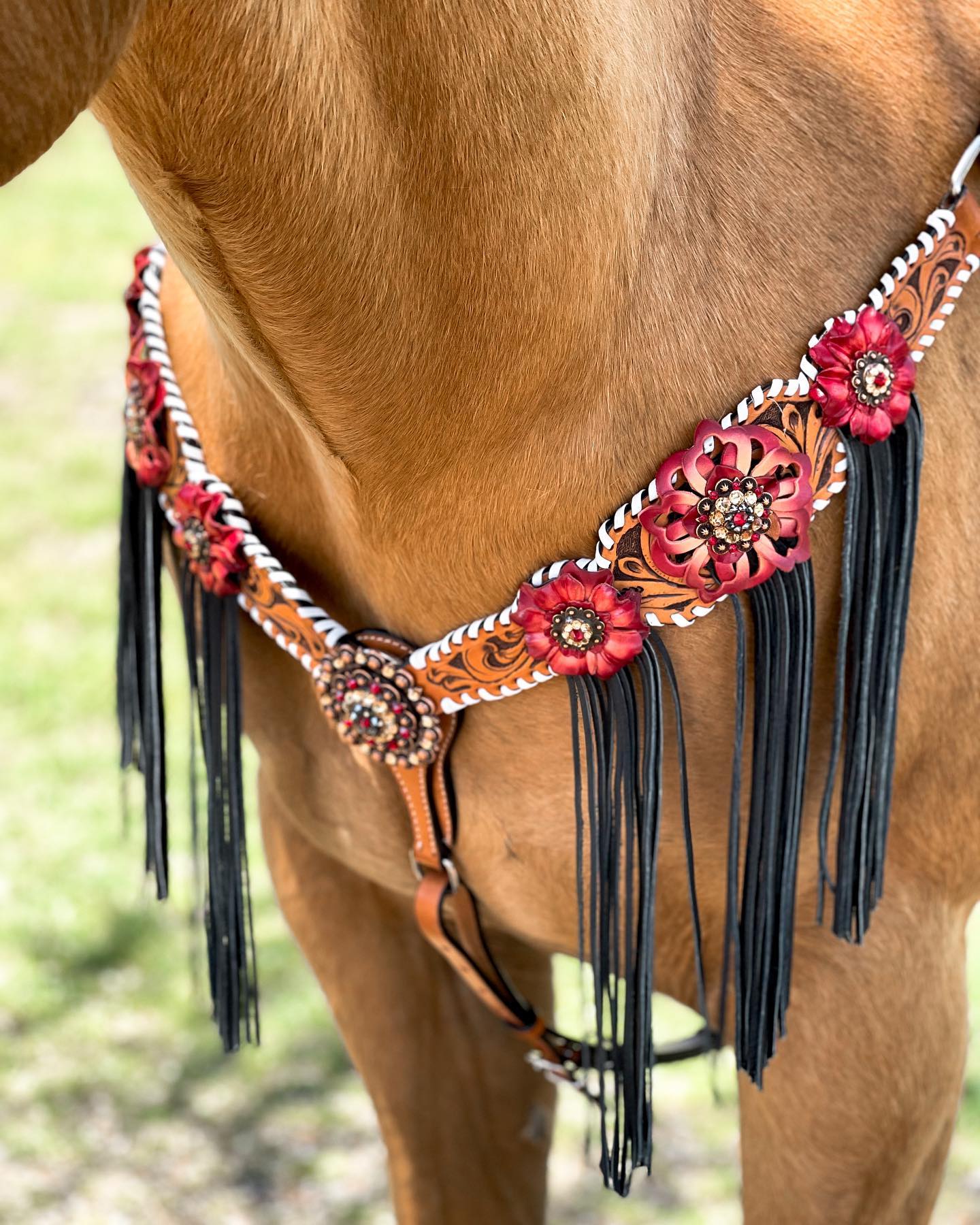 Light Oil Whipstitch Black and Red One Ear &amp; Breastcollar Tack Set 
