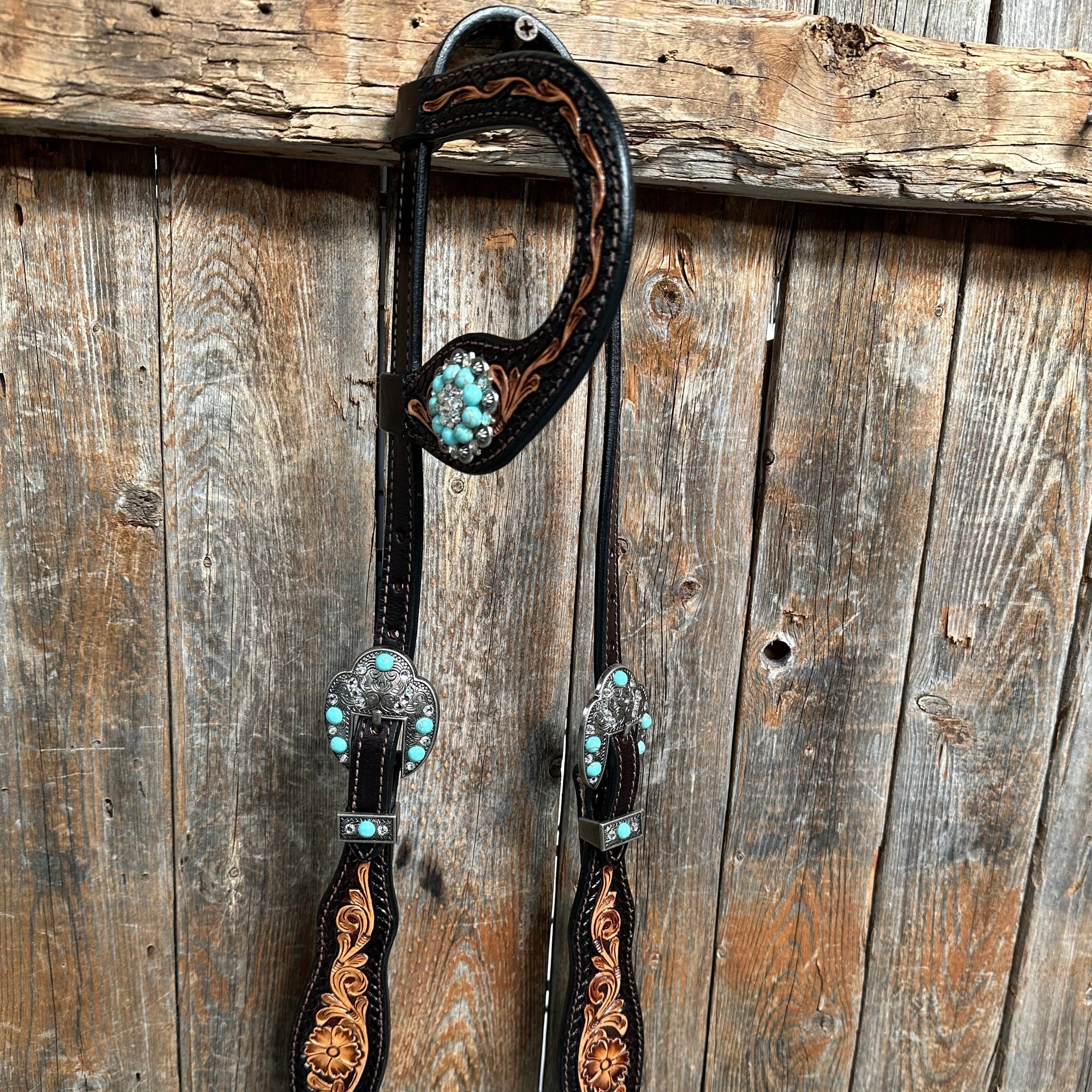 Two Tone Floral Turquoise &amp; Clear One Ear / Browband Breastcollar Tack Set 