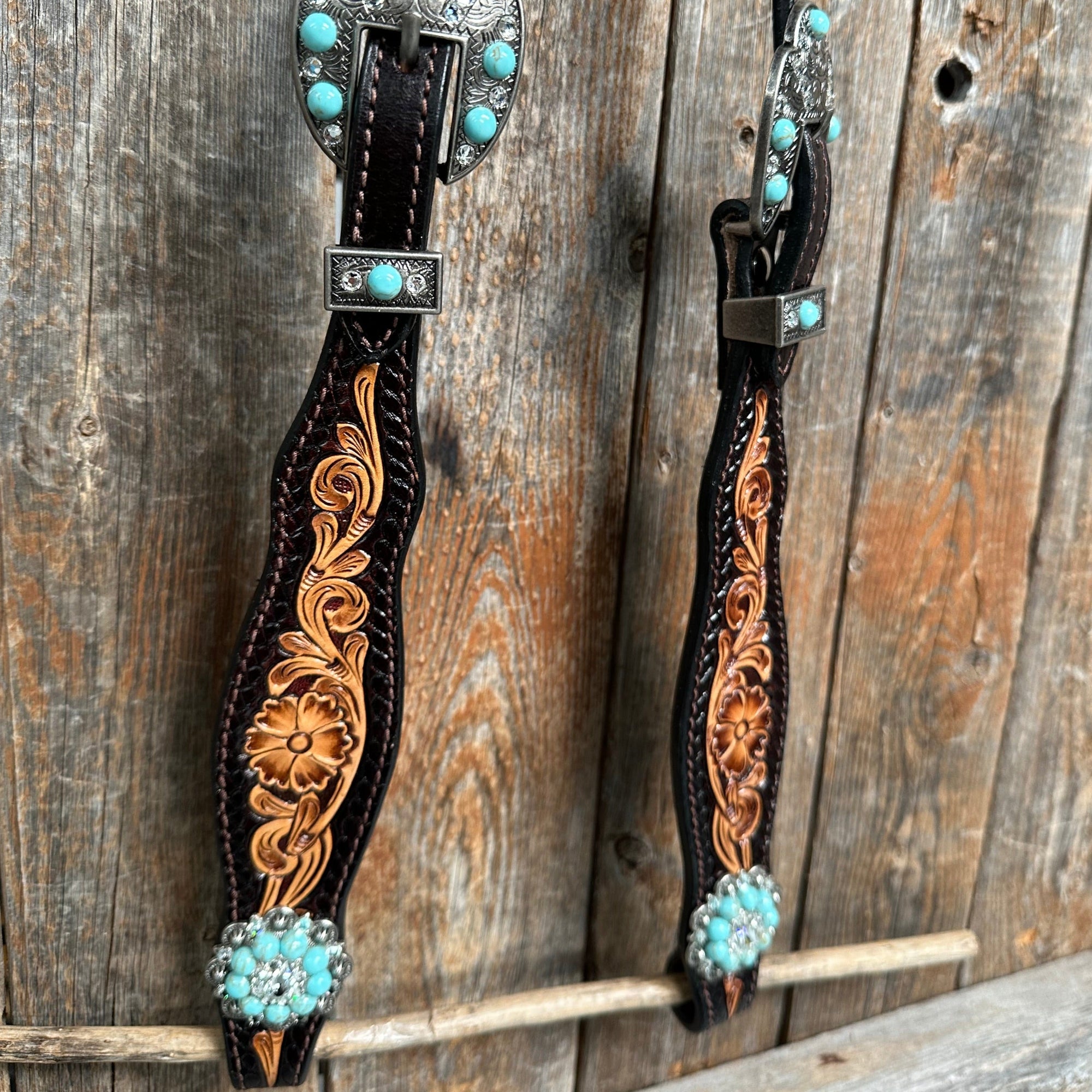 Two Tone Floral Turquoise &amp; Clear One Ear / Browband Breastcollar Tack Set 