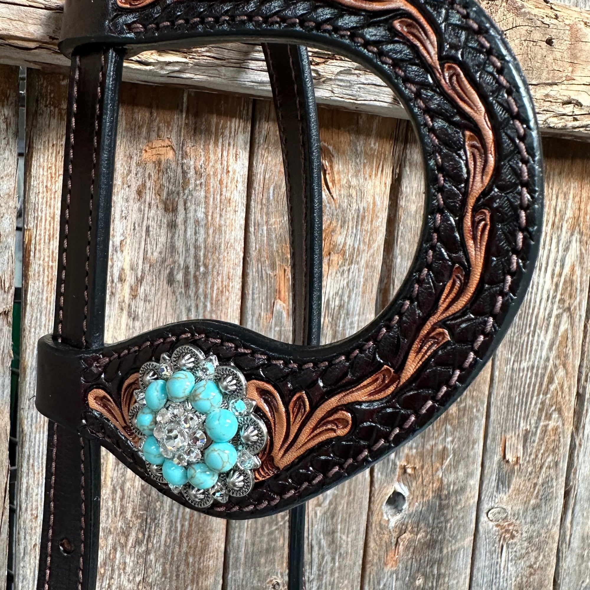 Two Tone Floral Turquoise &amp; Clear One Ear / Browband Breastcollar Tack Set 