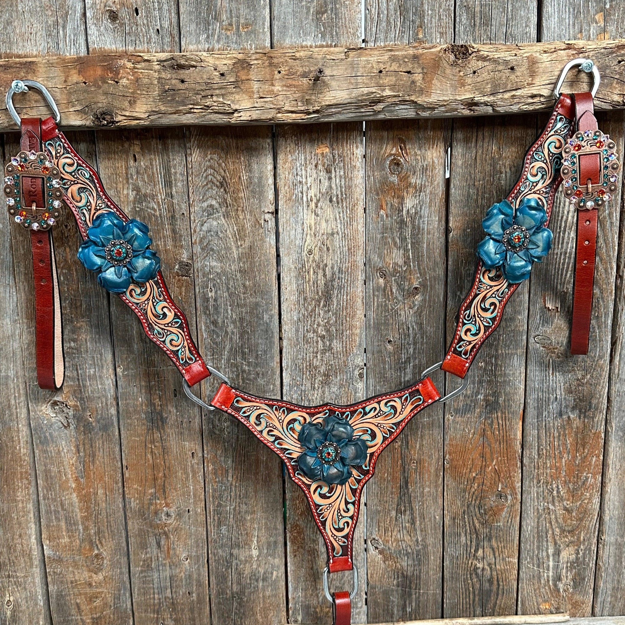 Rust Triangle Turquoise Flower One Ear/ Breastcollar Tack Set 