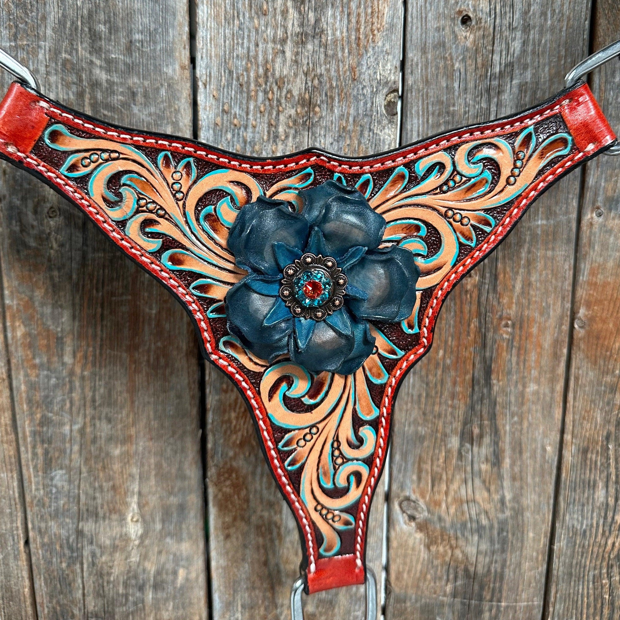 Rust Triangle Turquoise Flower One Ear/ Breastcollar Tack Set 