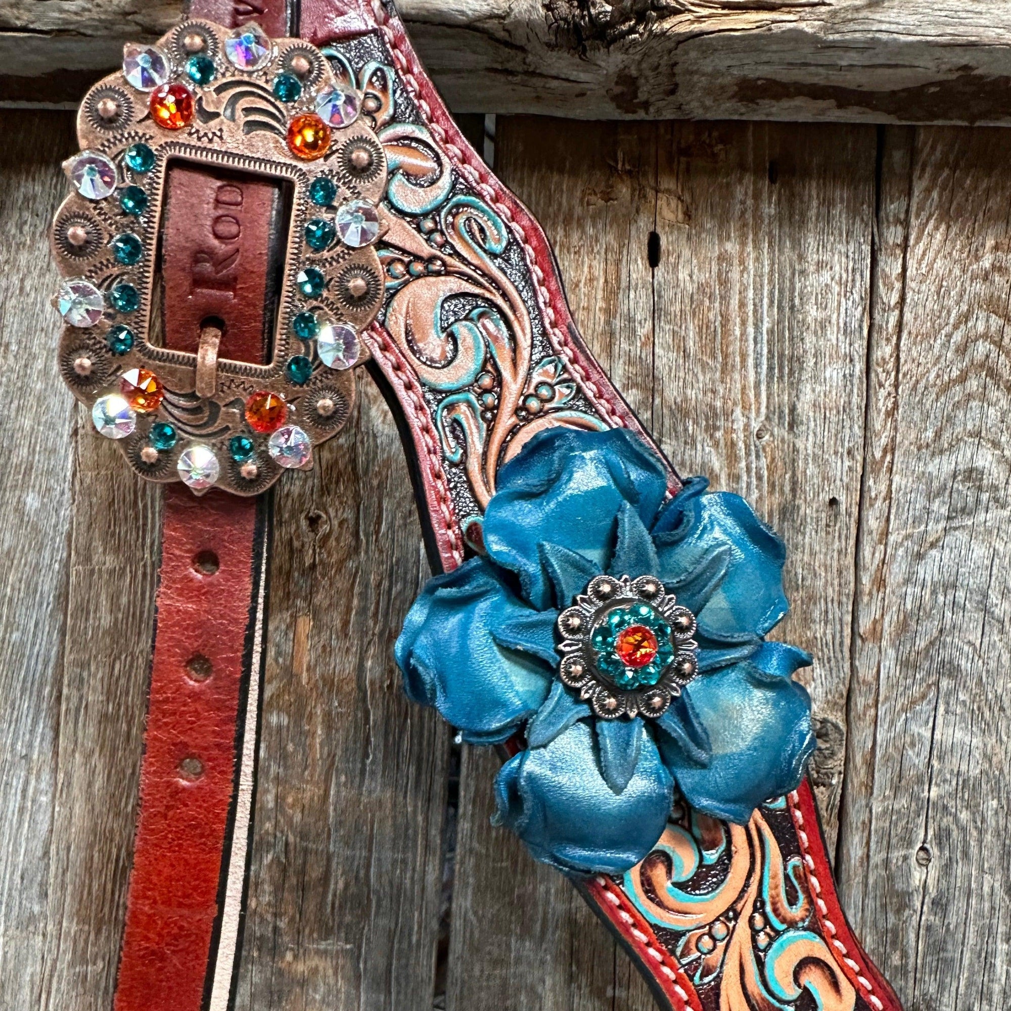 Rust Triangle Turquoise Flower One Ear/ Breastcollar Tack Set 