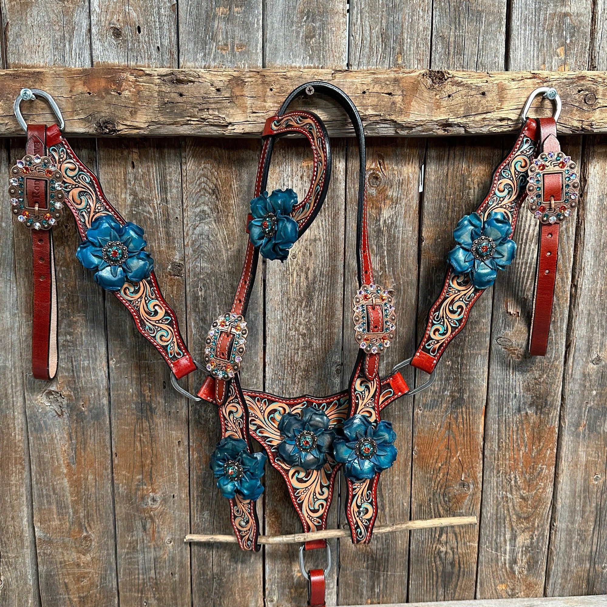 Rust Triangle Turquoise Flower One Ear/ Breastcollar Tack Set 