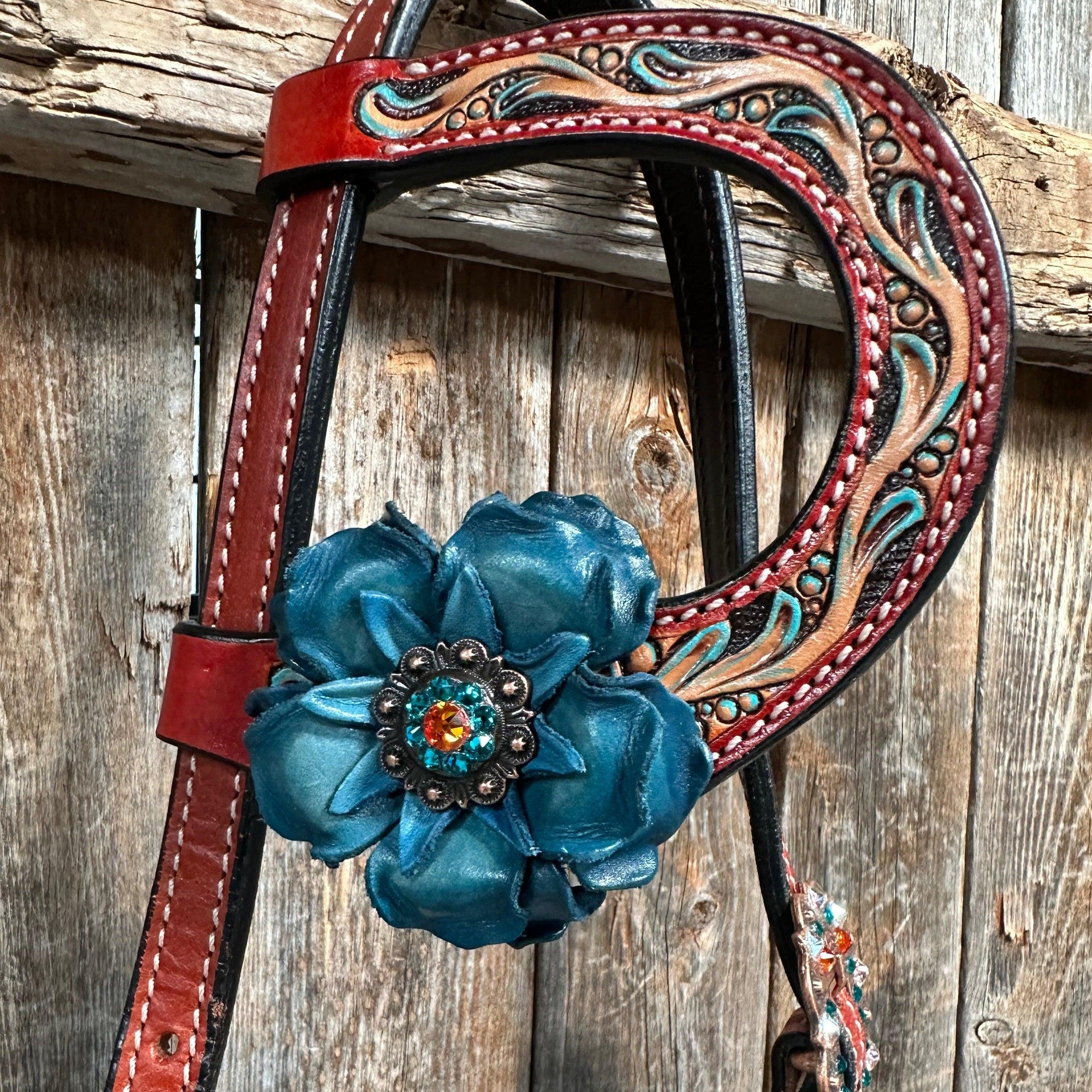 Rust Triangle Turquoise Flower One Ear/ Breastcollar Tack Set 