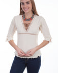 3/4 Slv Lace Up Front Blouse - PSL-216