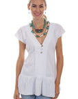 Tie Back V-neck Blouse W/ruffle Bott - PSL-223