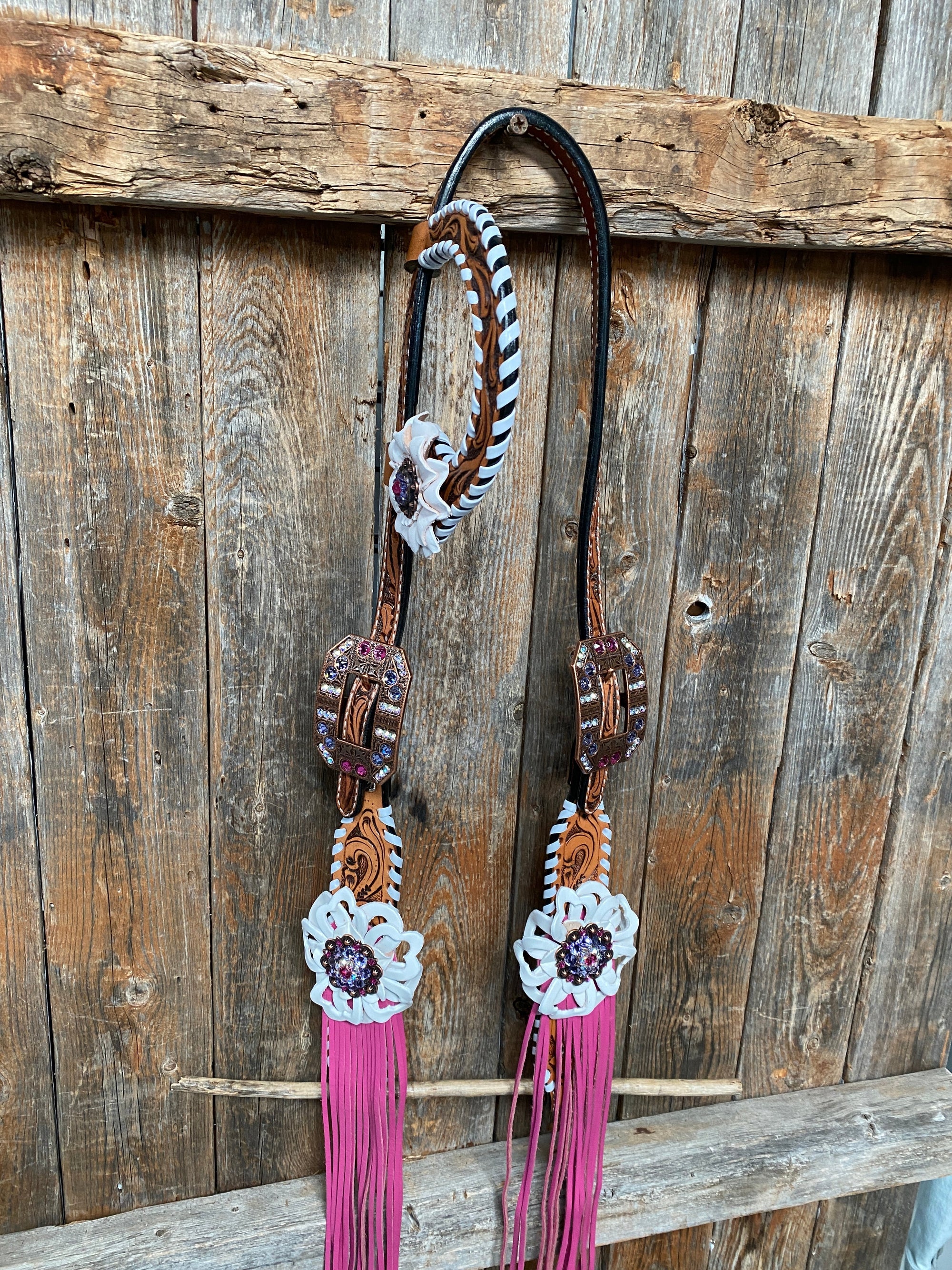 White Whipstitch Pink and White Browband/One Ear &amp; Breastcollar Tack Set 