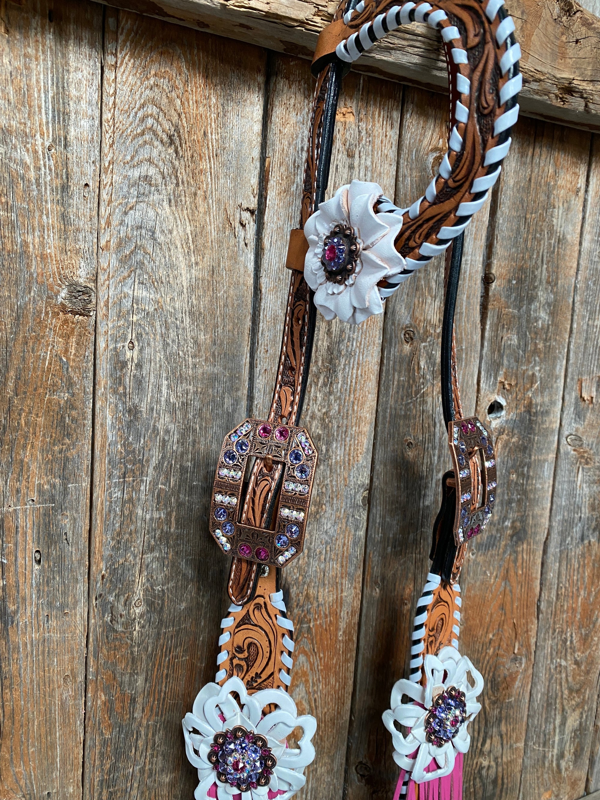 White Whipstitch Pink and White Browband/One Ear &amp; Breastcollar Tack Set 