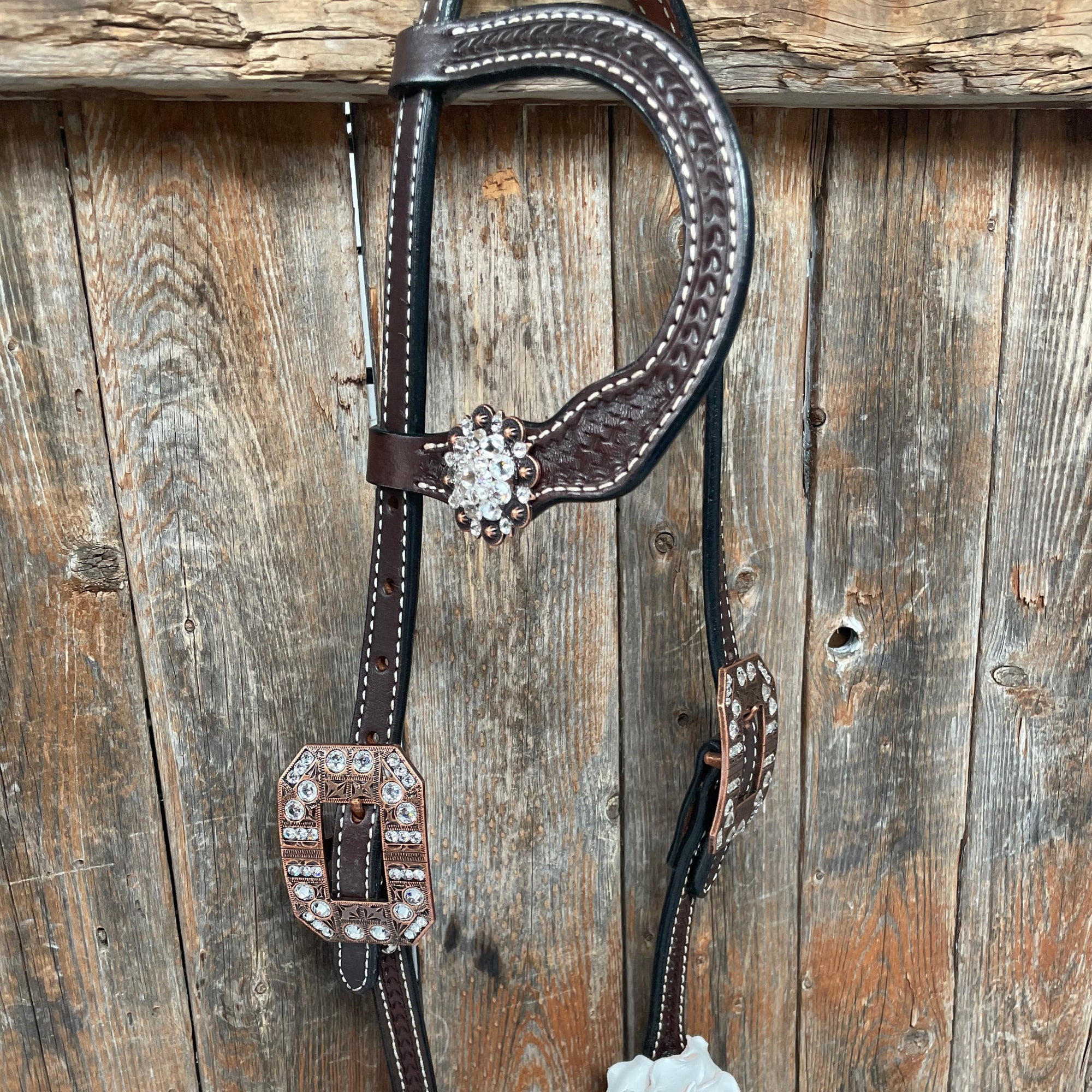 Dark Oil Basketweave White Browband/One Ear Tack Set with Witherstrap  