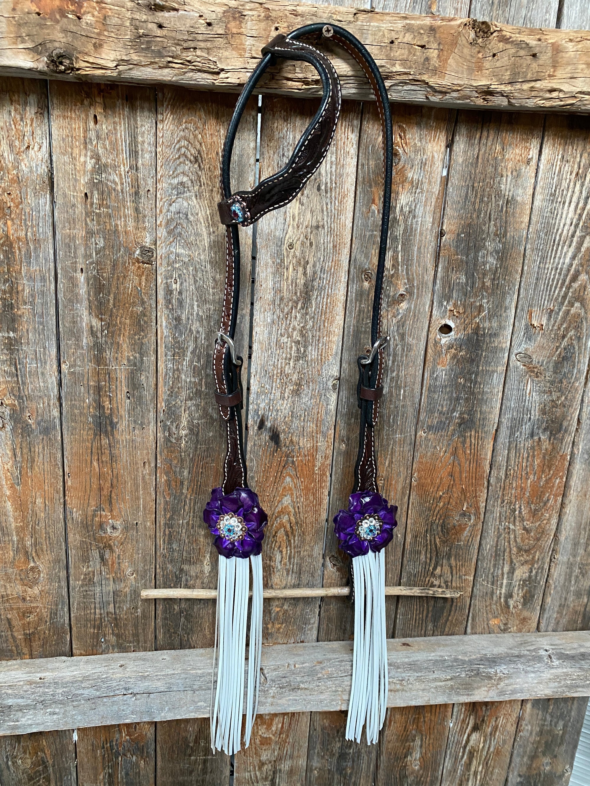 Dark Oil Floral Purple and White Browband / One Ear Tack Set 