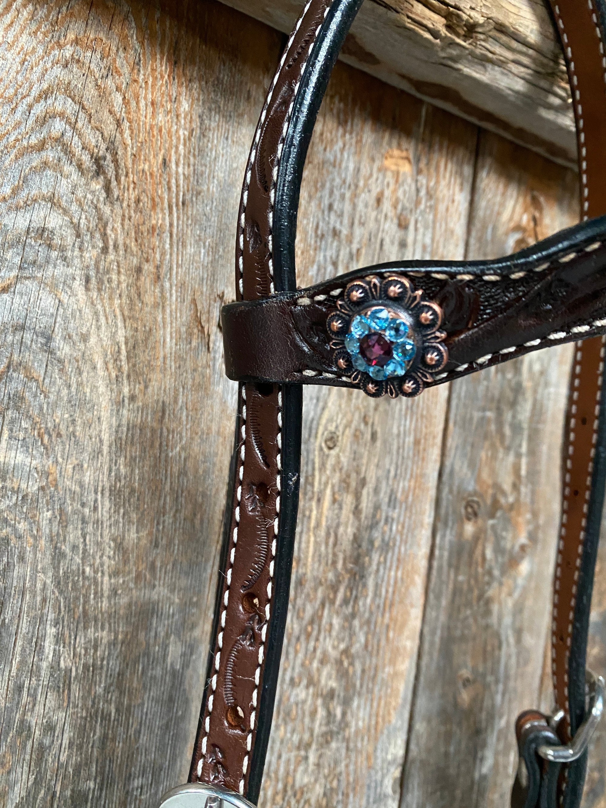Dark Oil Floral Purple and White Browband / One Ear Tack Set 