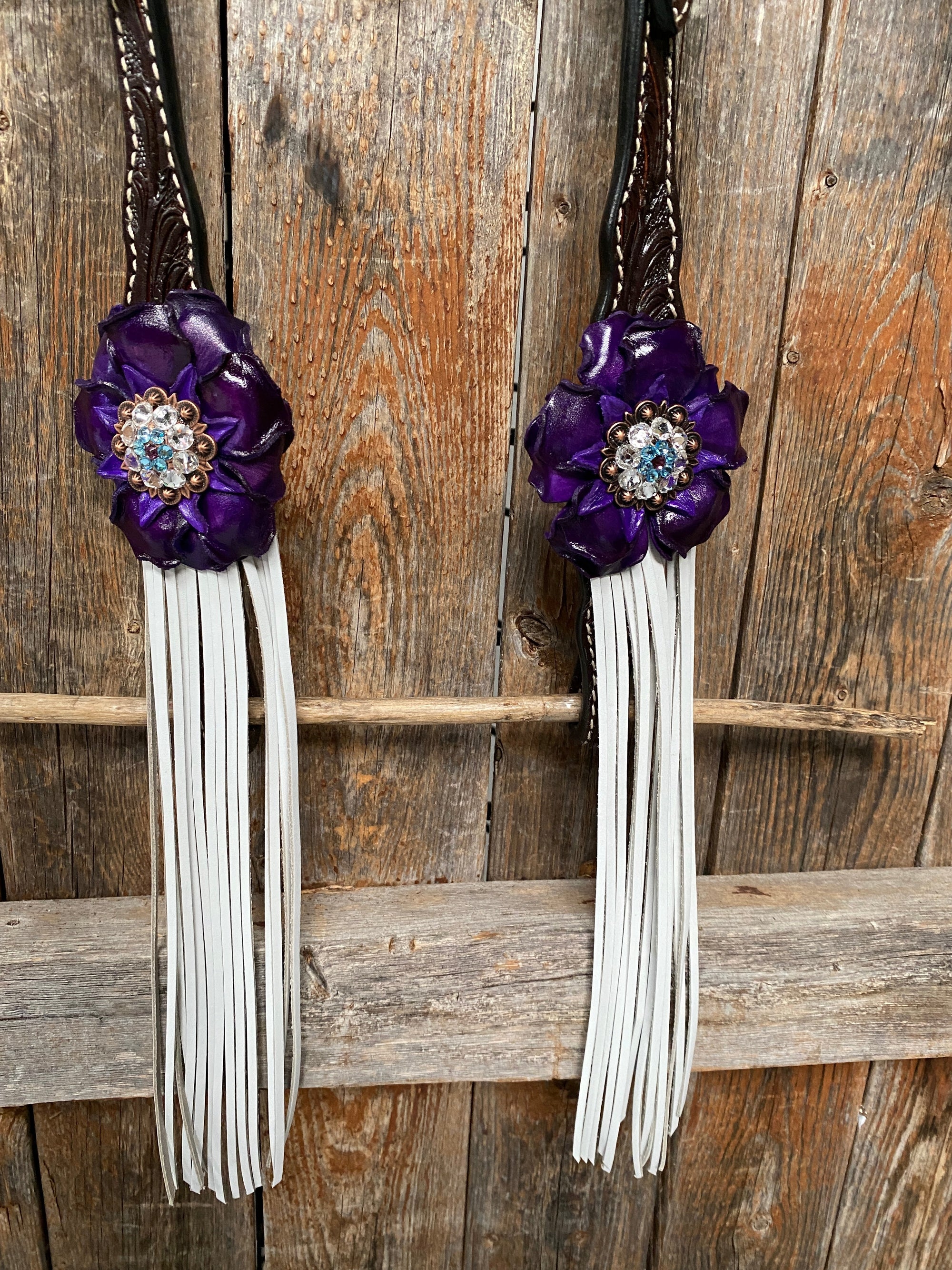 Dark Oil Floral Purple and White Browband / One Ear Tack Set 