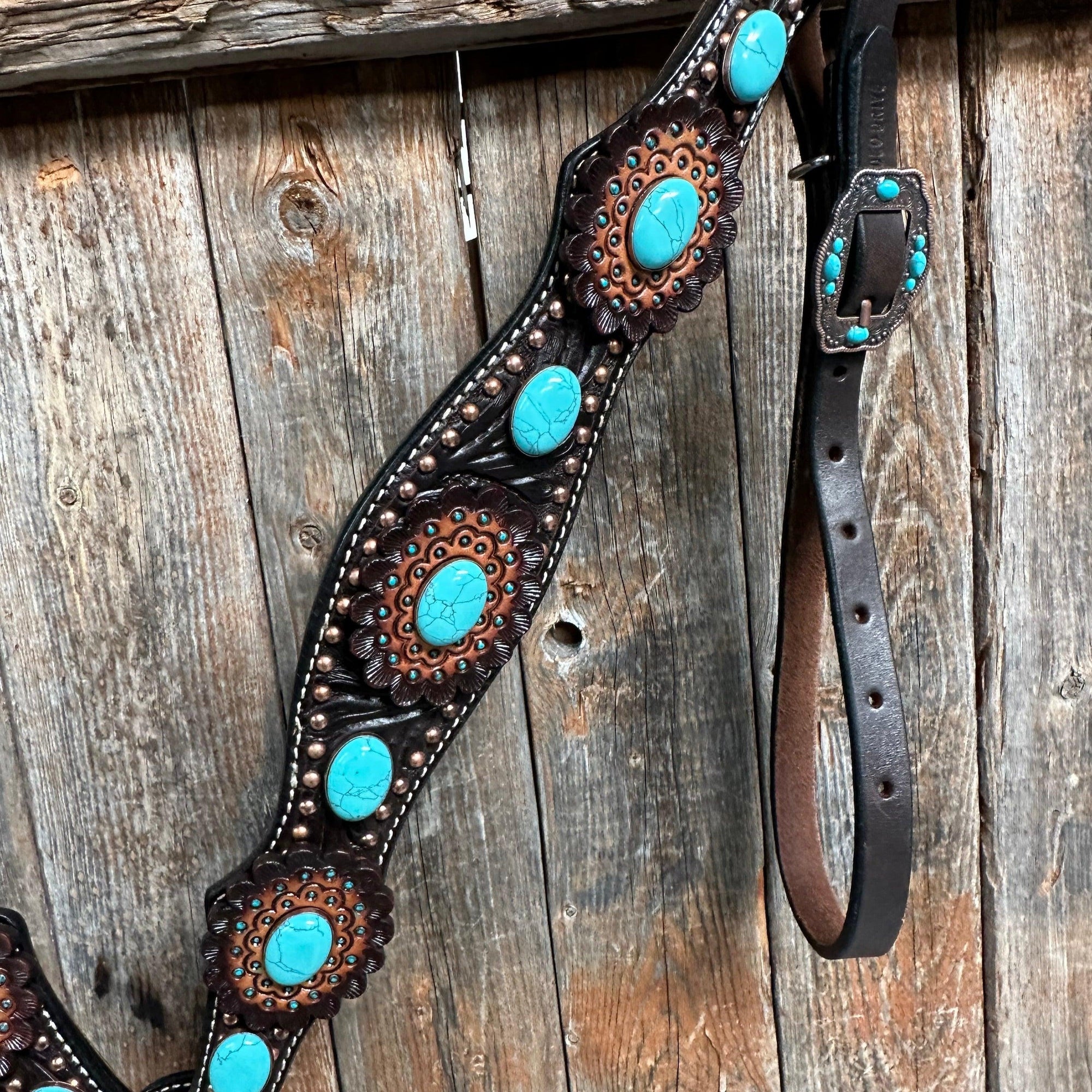 Dark Oil Floral Copper Dot Turquoise Cabochon Browband / Breastcollar Tack Set 