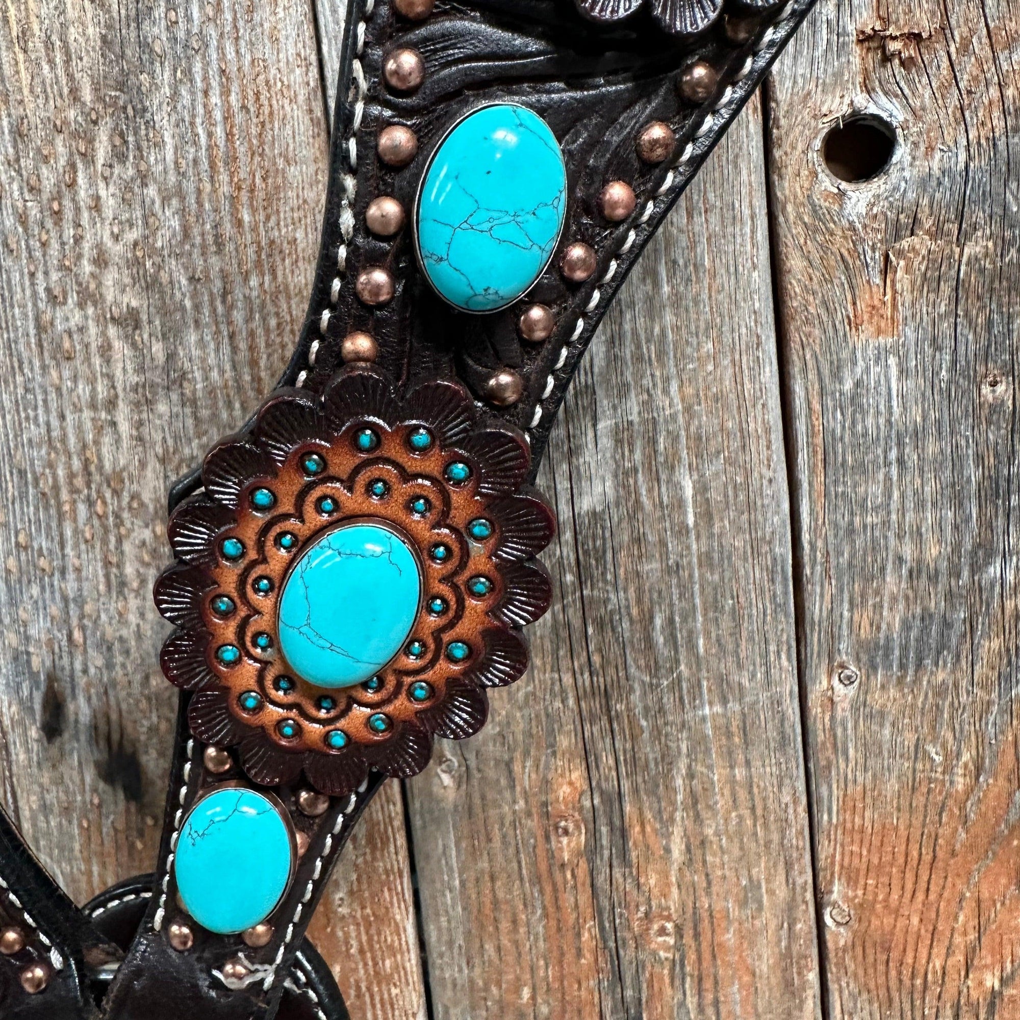 Dark Oil Floral Copper Dot Turquoise Cabochon Browband / Breastcollar Tack Set 