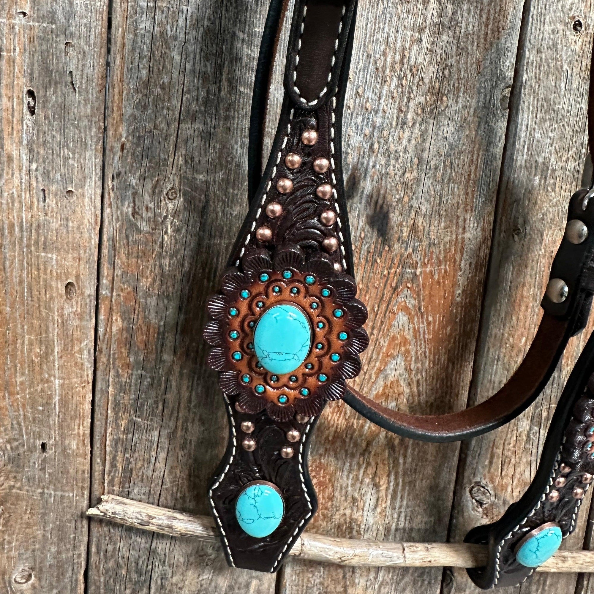 Dark Oil Floral Copper Dot Turquoise Cabochon Browband / Breastcollar Tack Set 