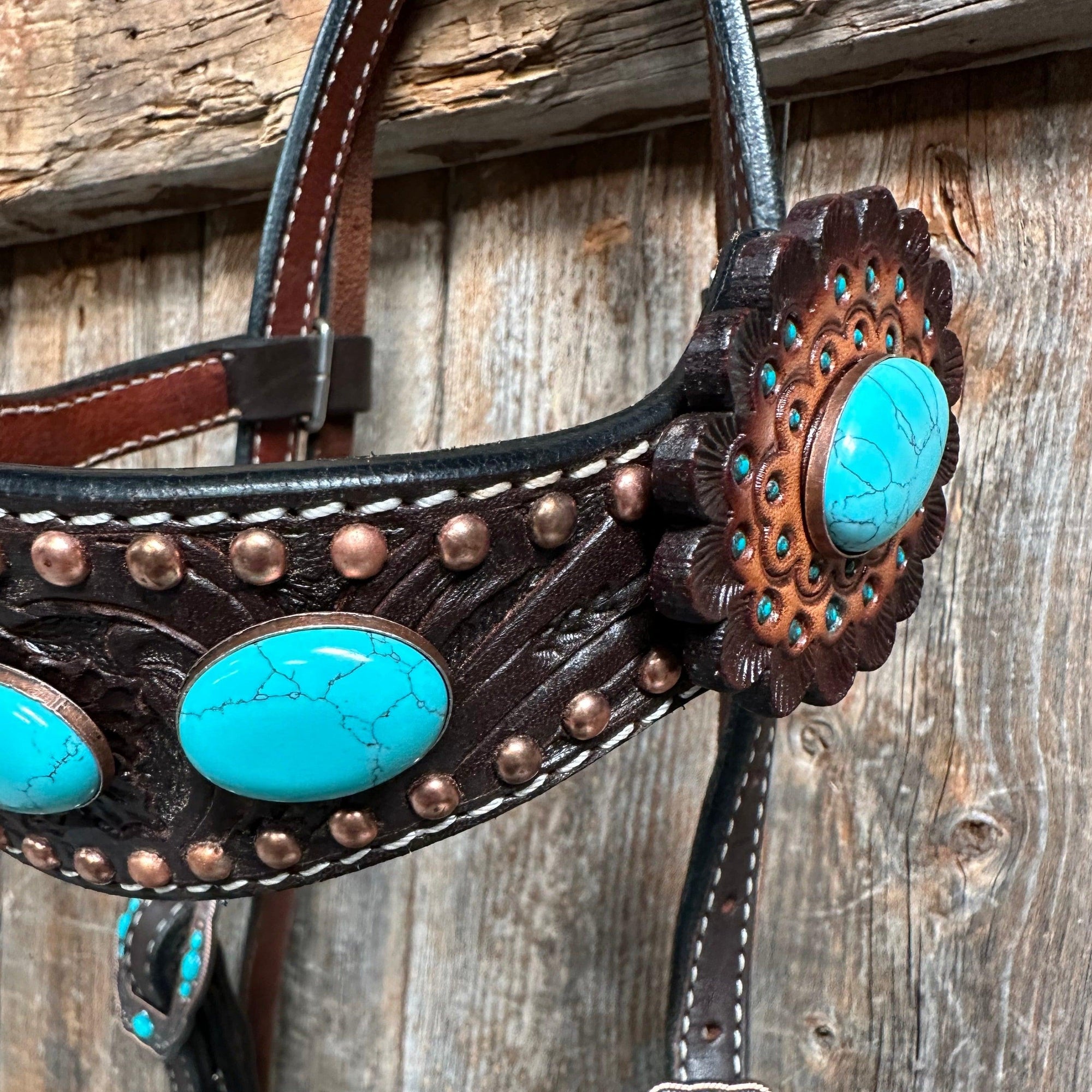 Dark Oil Floral Copper Dot Turquoise Cabochon Browband / Breastcollar Tack Set 